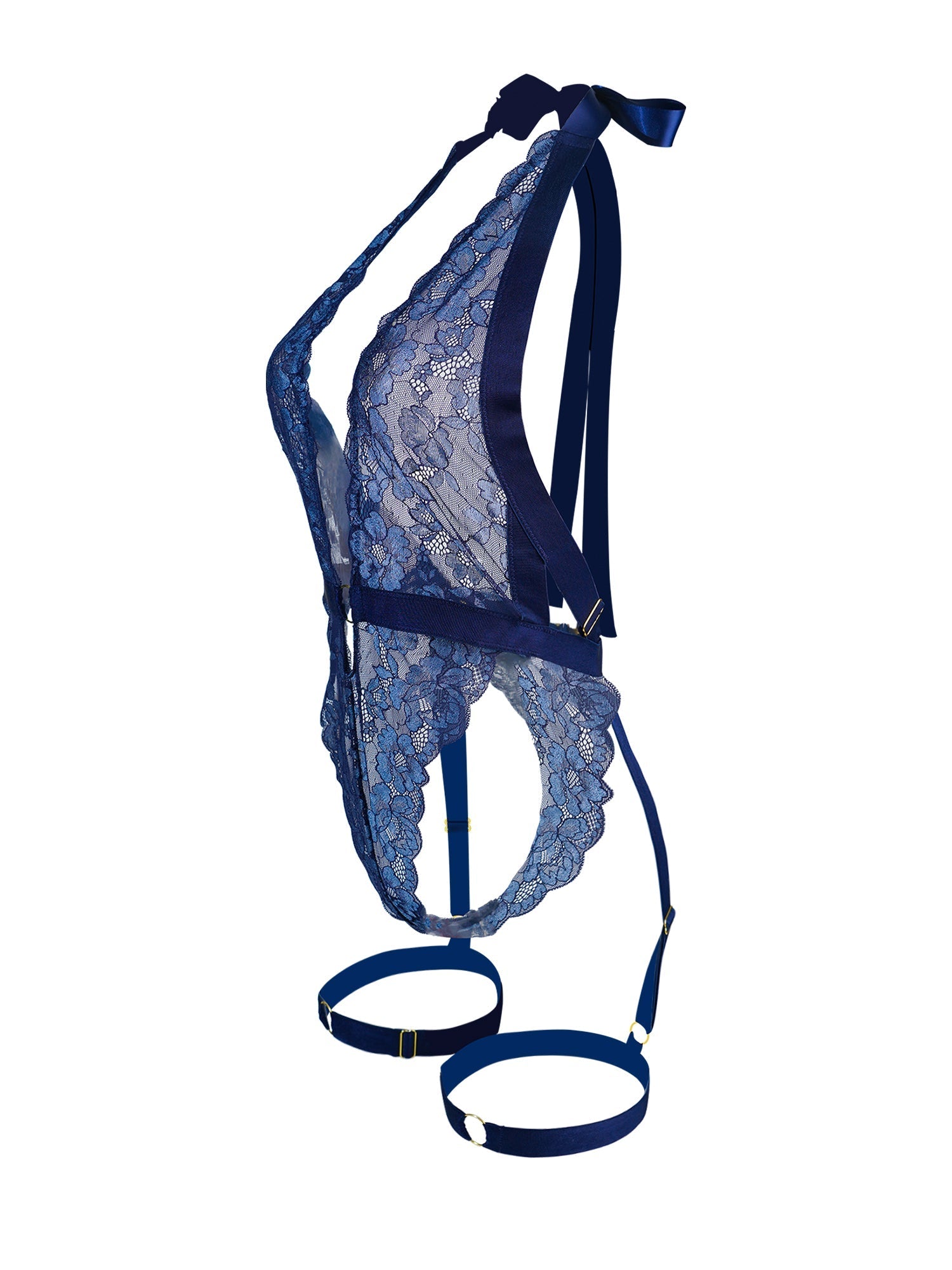 Deep Blue Lace Bodysuit Halter Neck Open Back Shapewear Hello.LA.Girl